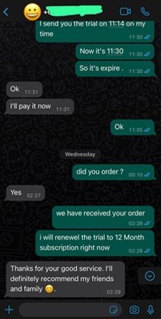 Customer chat: a trial renewed into a 12 month plan, with a recommendation to friends and family